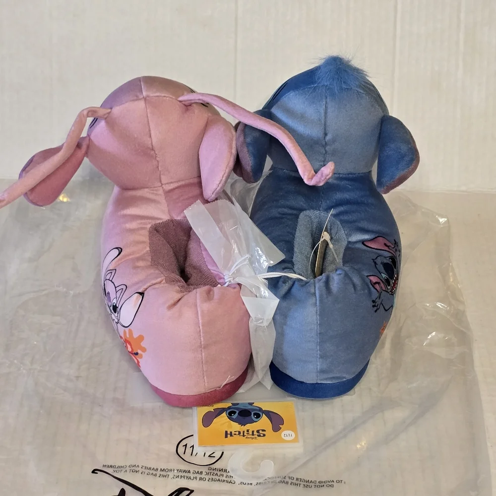 Disney Stitch & Angel Slippers Kids Size 11/12 Plush Lilo & Stitch Blue Pink